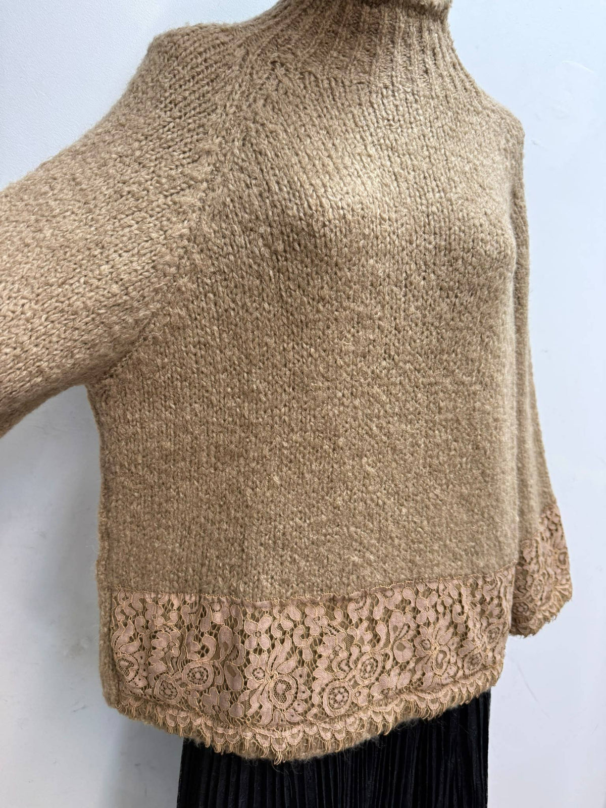 Lace-Trim Funnel Neck Sweater
