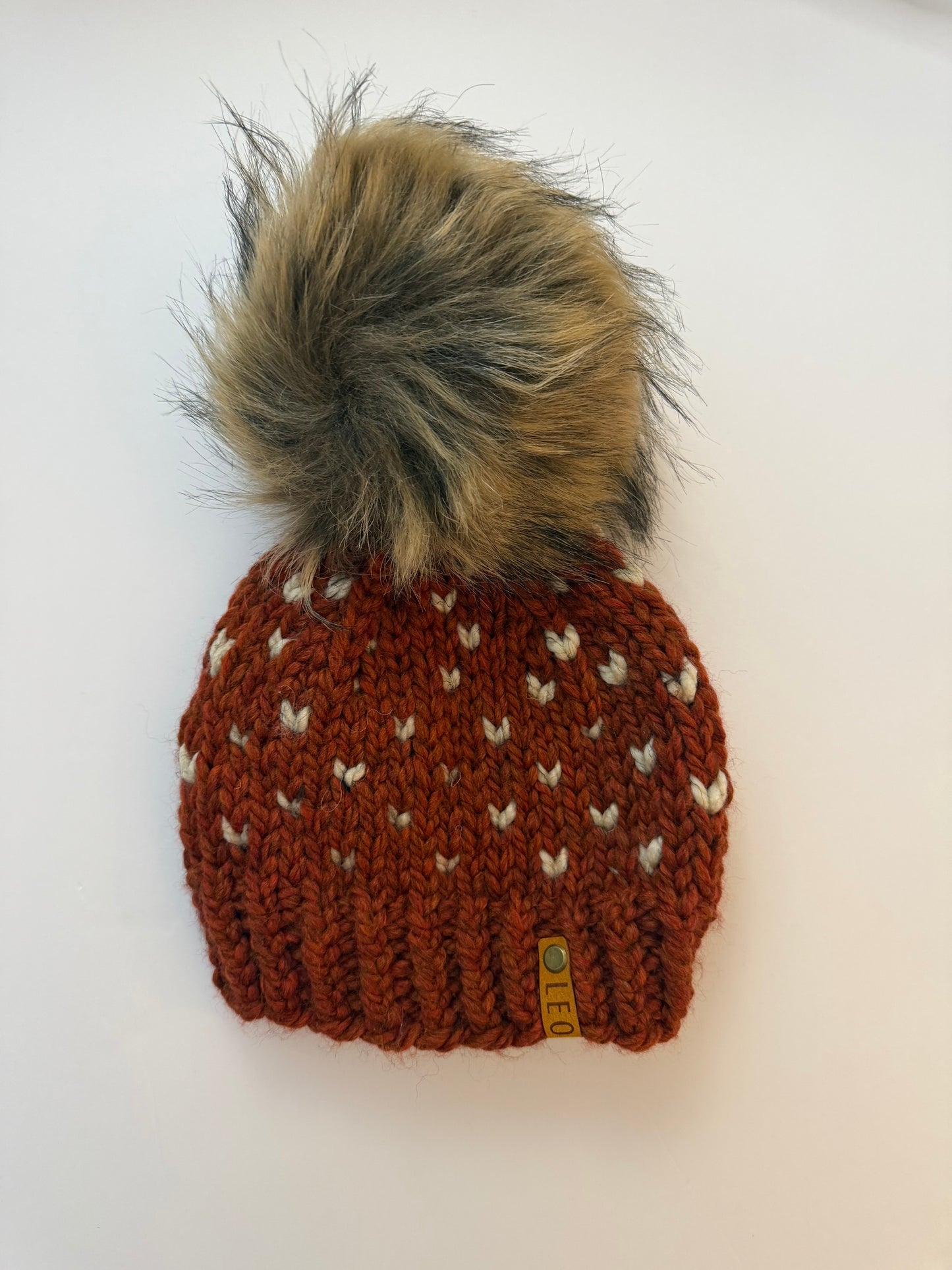 Handmade Wool Knit Hat with Faux Fur Pom | Hearts
