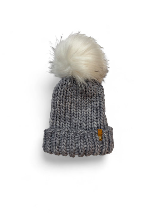 Handmade Wool Knit Hat with Faux Fur Pom | Gray
