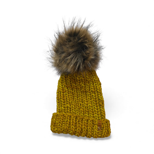 Handmade Wool Knit Hat with Faux Fur Pom | Goldenrod