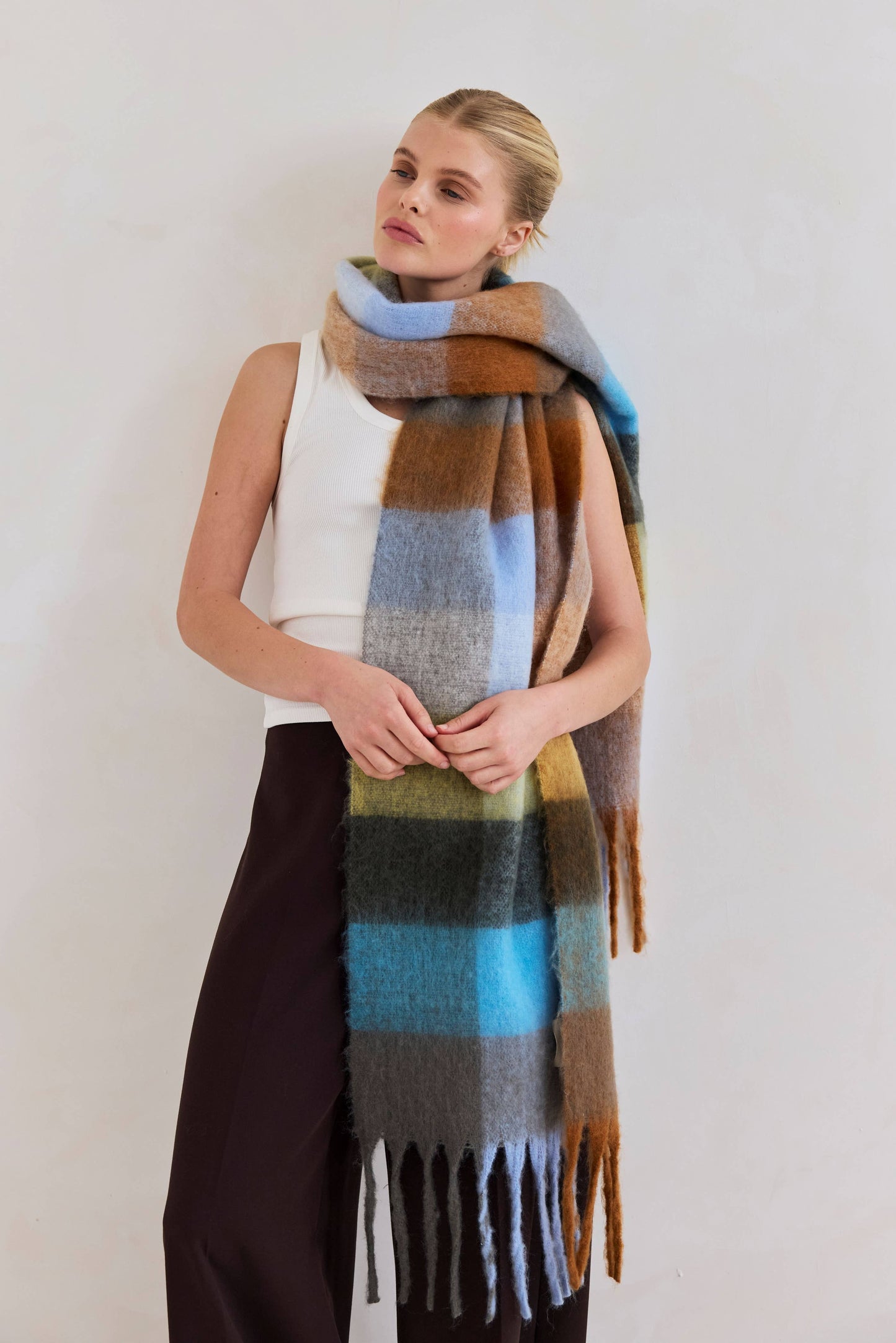 Ultra Soft Recycled Scarf | Blue + Orange Plaid