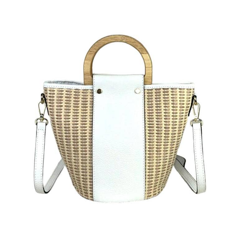 Italian Raffia and Leather Bucket Bag with Wooden Handles | Black