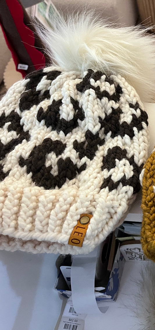 Handmade Wool Knit Hat with Faux Fur Pom | Leopard
