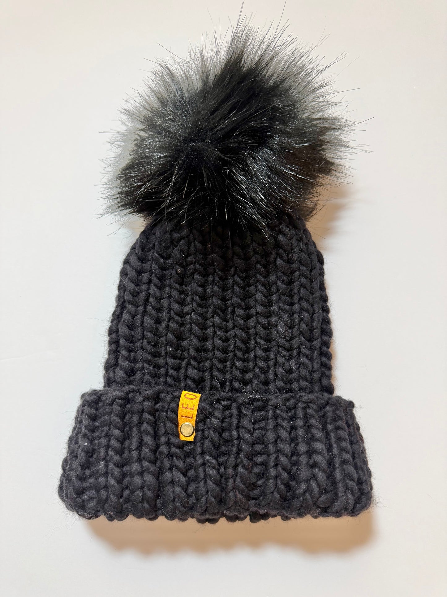 Handmade Wool Knit Hat with Faux Fur Pom | Black + Black Pom