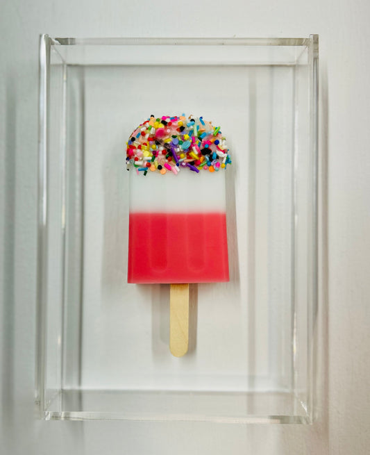 Resin and Acrylic Single Popsicle Art, 5 x 7, Pink and White with rainbow sprinkles (CIR005)