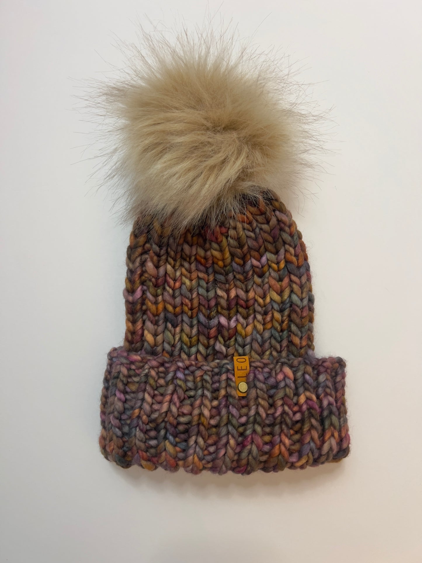 Handmade Wool Knit Hat with Faux Fur Pom | Dark Multi
