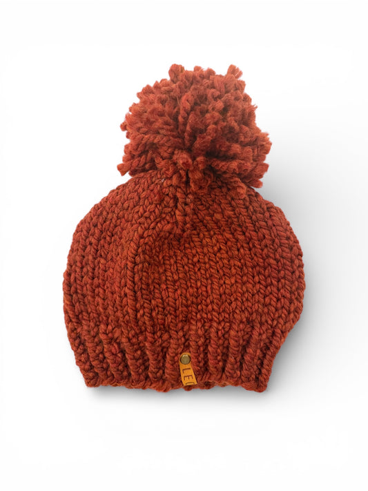 Handmade Wool Knit Hat + Pom | Rust