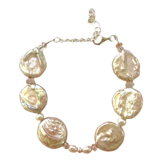 Bracelet | Large Flame Coin Pearls | Rose Quartz | Multi Pearls | Swarovski Crystals