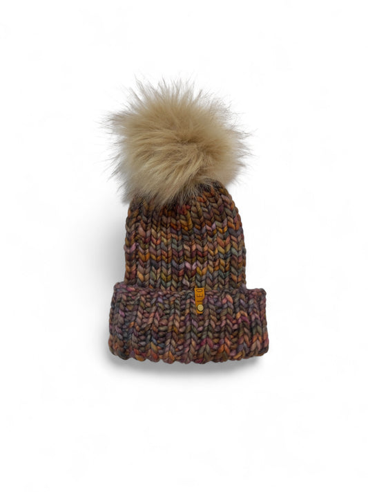 Handmade Wool Knit Hat with Faux Fur Pom | Dark Multi