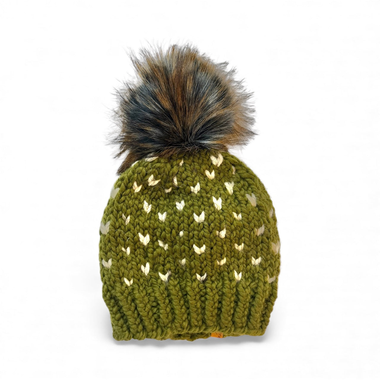 Handmade Wool Knit Hat with Faux Fur Pom | Hearts