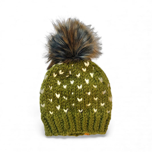 Handmade Wool Knit Hat with Faux Fur Pom | Hearts