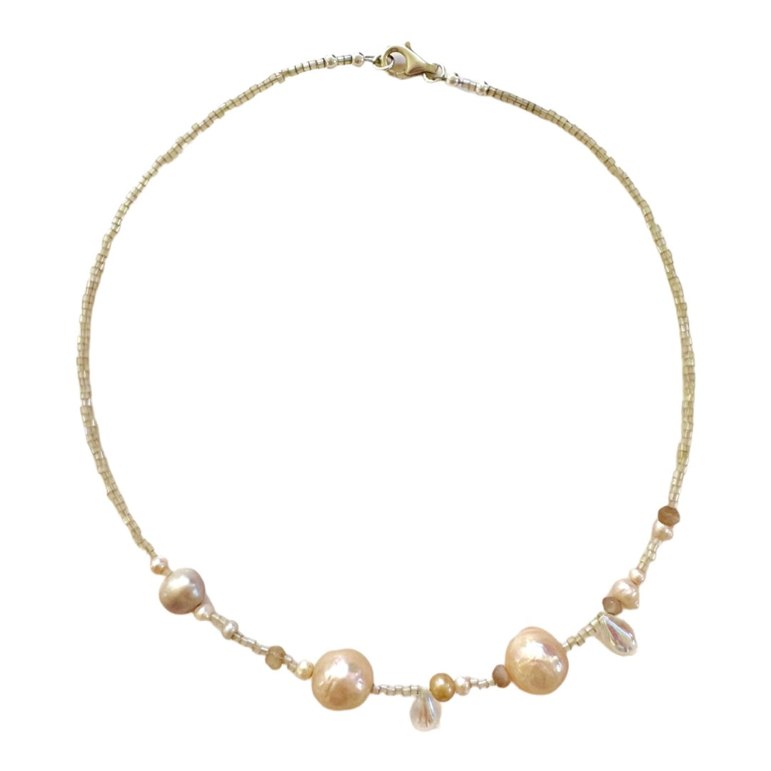 Choker | Japanese Glass | Flame Pearls | Biwa Pearls | Moonstone | Opal Glass