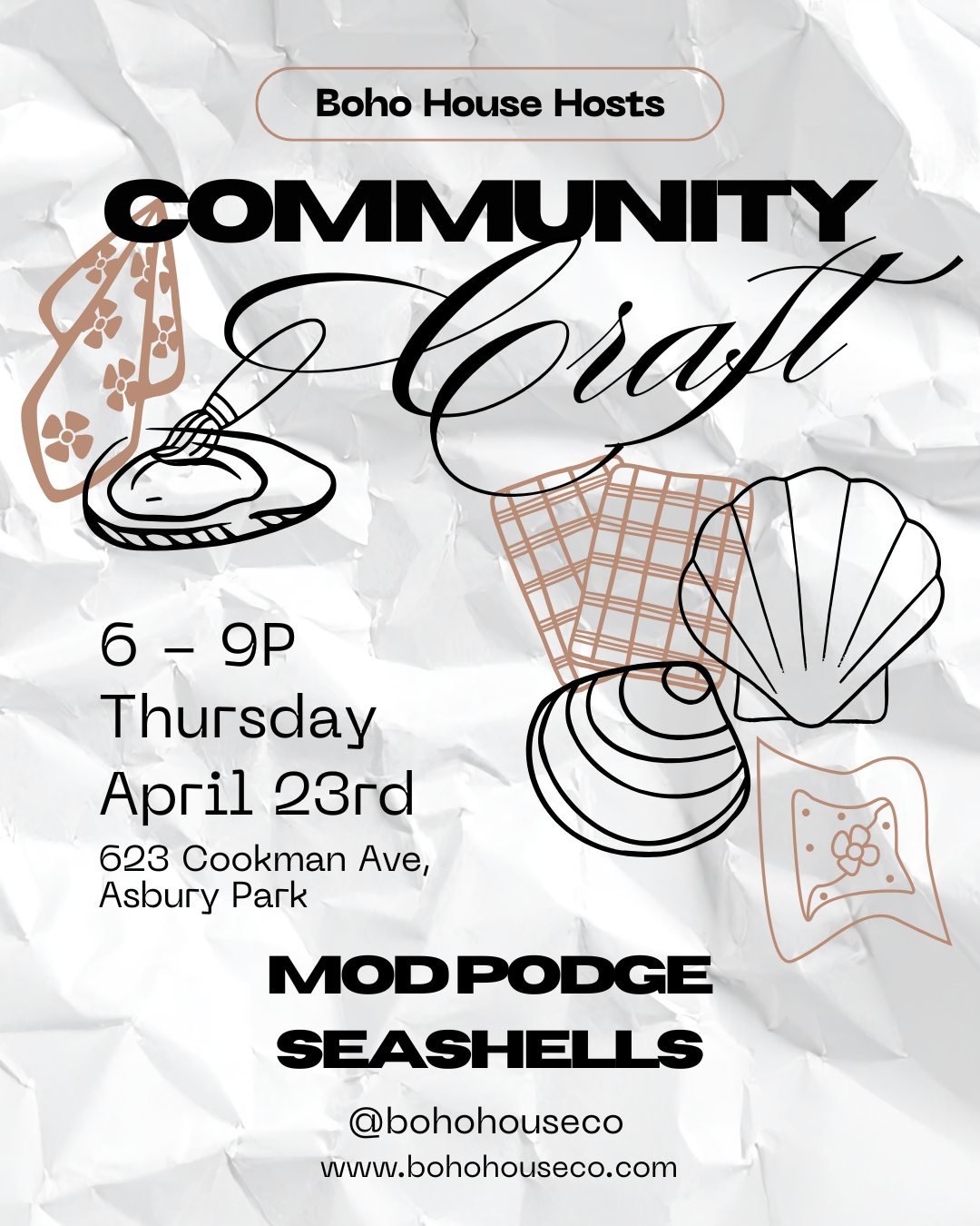 Boho House Community Craft | Mod Podge Seashells | April 23rd