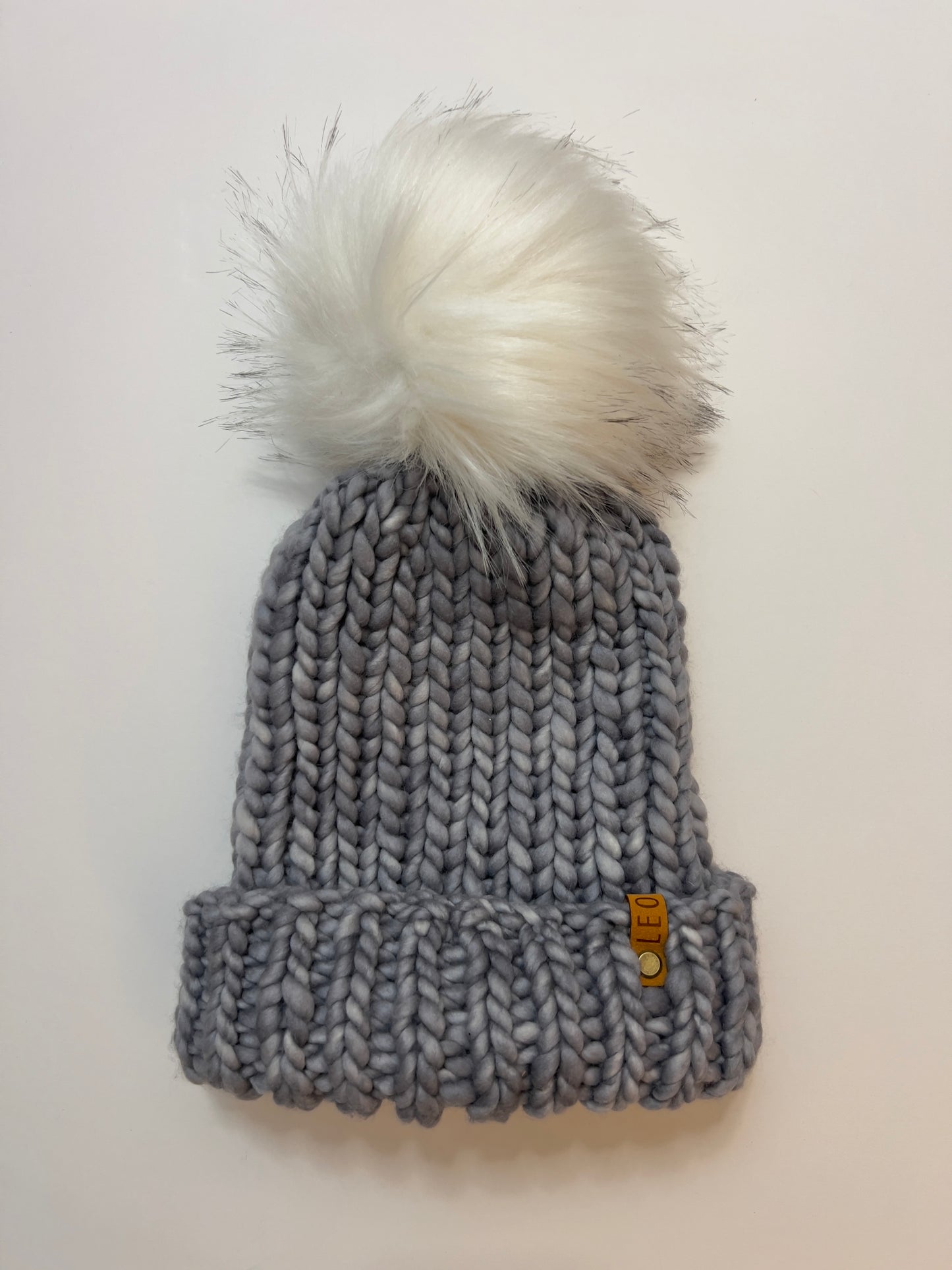Handmade Wool Knit Hat with Faux Fur Pom | Gray