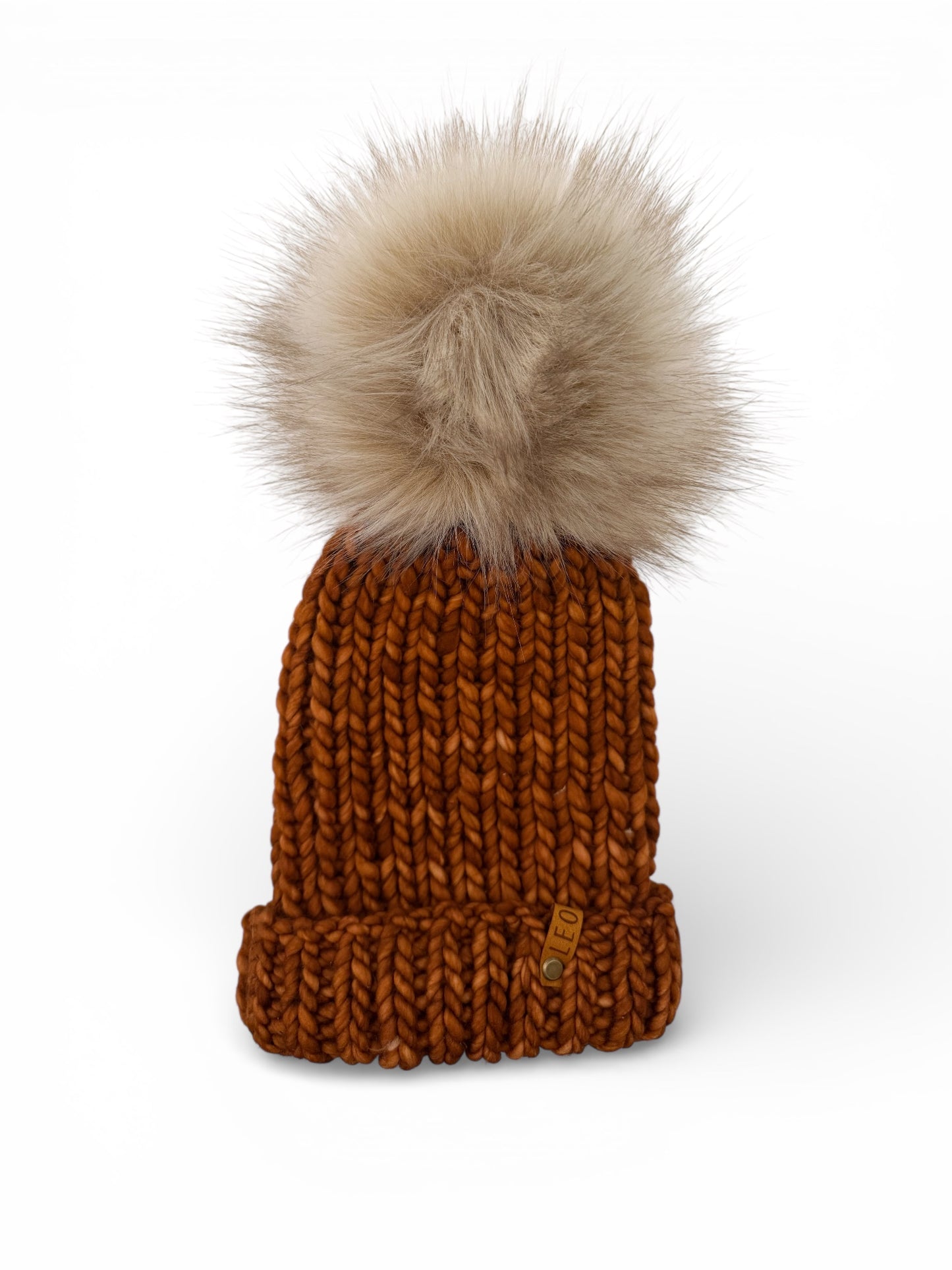 Handmade Wool Knit Hat with Faux Fur Pom | Rust
