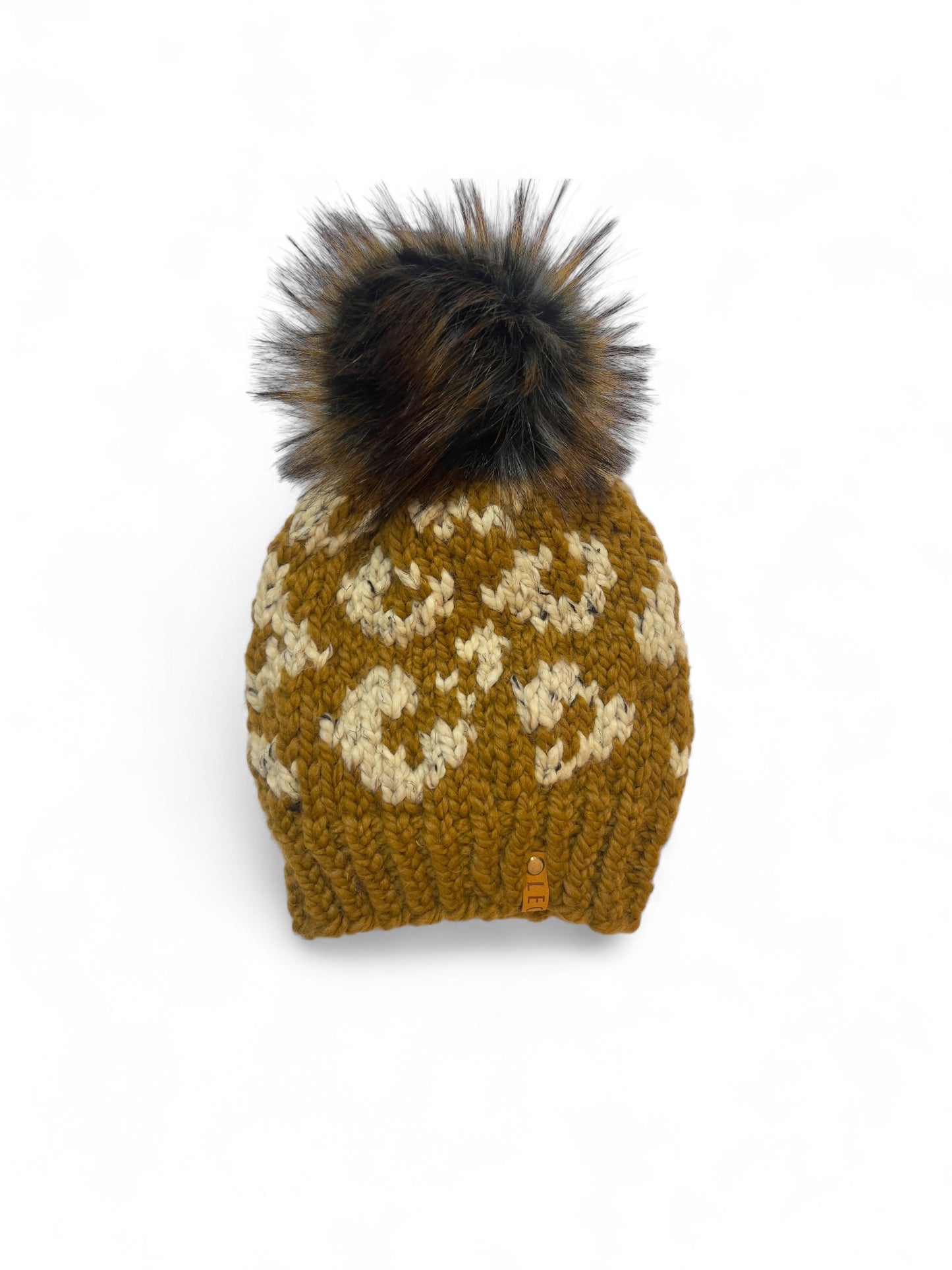 Handmade Wool Knit Hat with Faux Fur Pom | Leopard