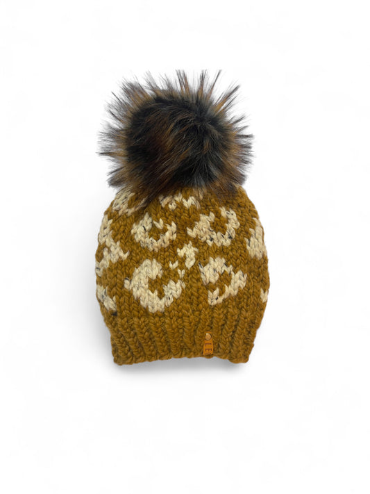 Handmade Wool Knit Hat with Faux Fur Pom | Leopard