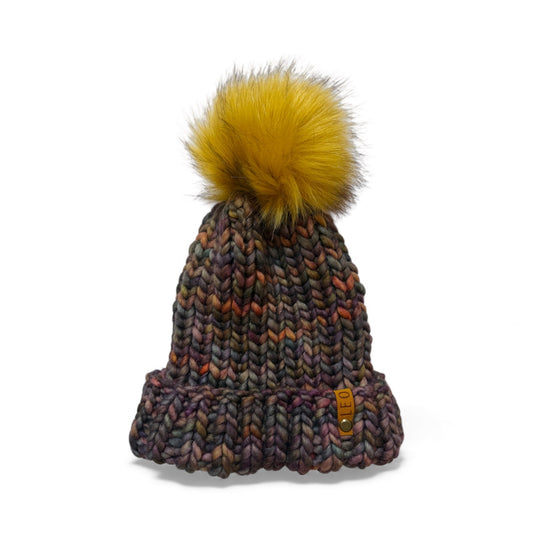 Handmade Wool Knit Hat with Faux Fur Pom | Plum
