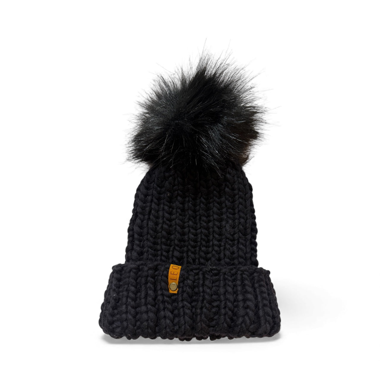 Handmade Wool Knit Hat with Faux Fur Pom | Black + Black Pom