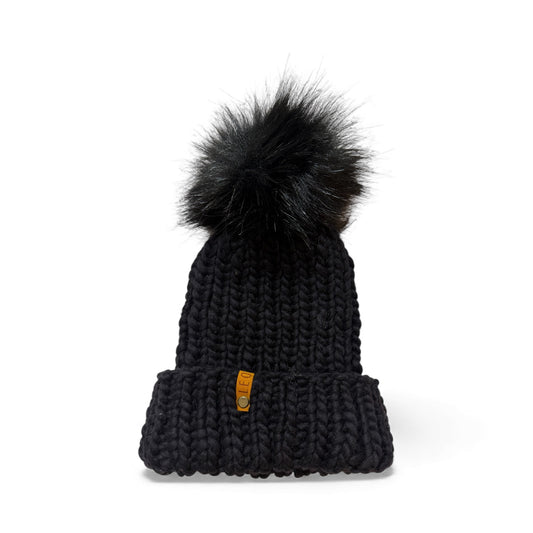 Handmade Wool Knit Hat with Faux Fur Pom | Black + Black Pom