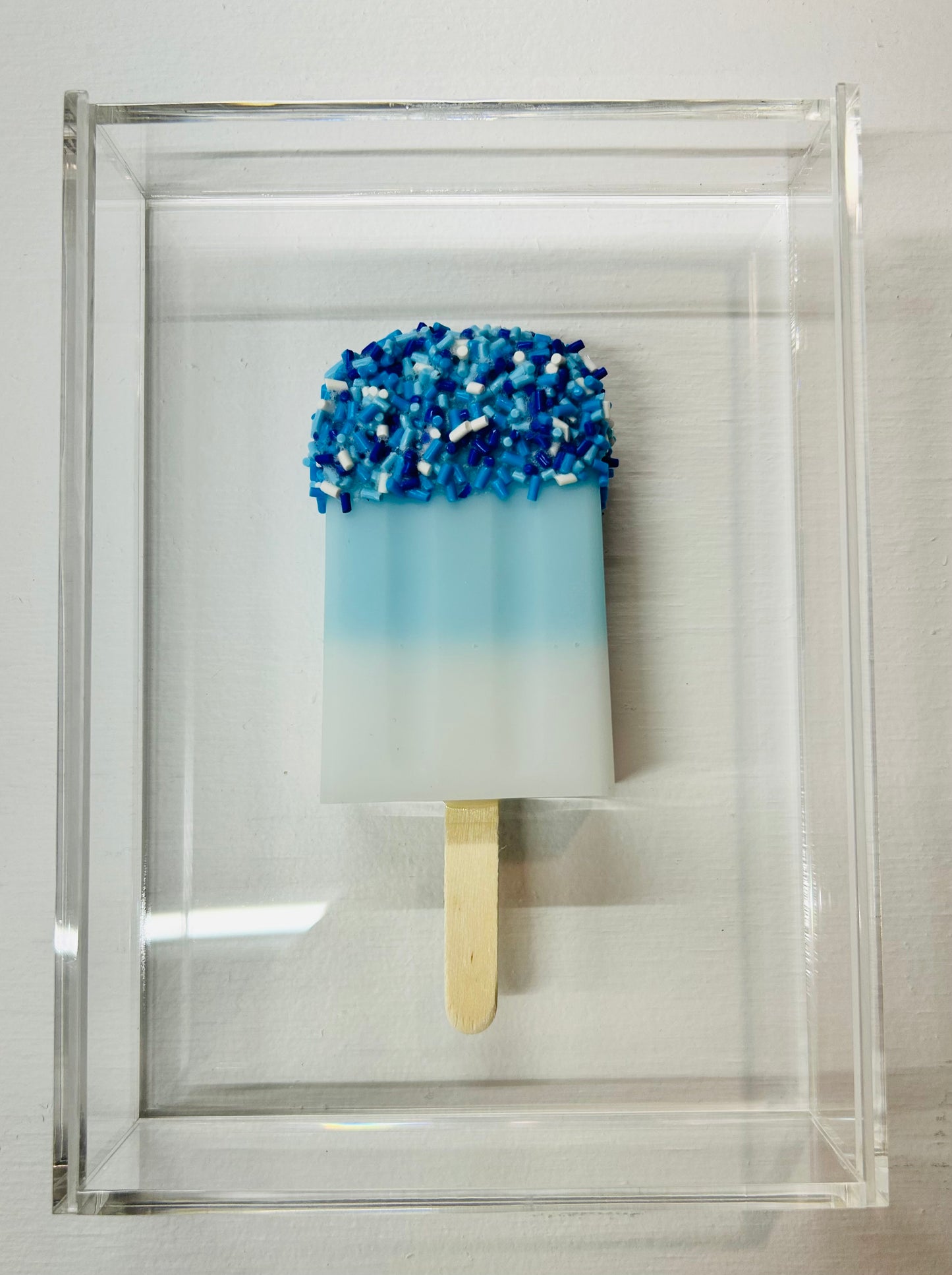 Resin and Acrylic Single Popsicle Art, 5 x 7, Blue and White with rainbow sprinkles (CIR006)