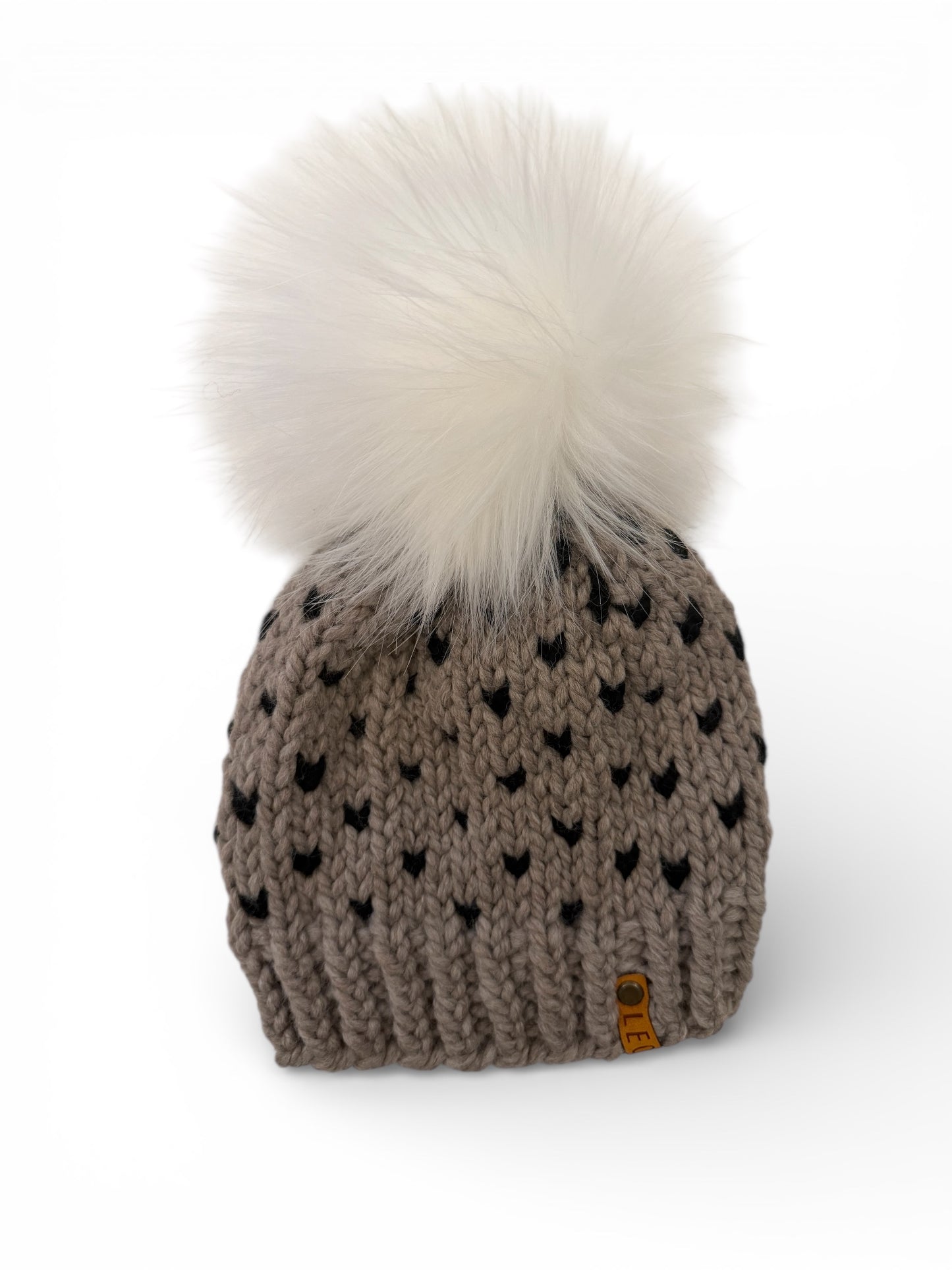 Handmade Wool Knit Hat with Faux Fur Pom | Hearts