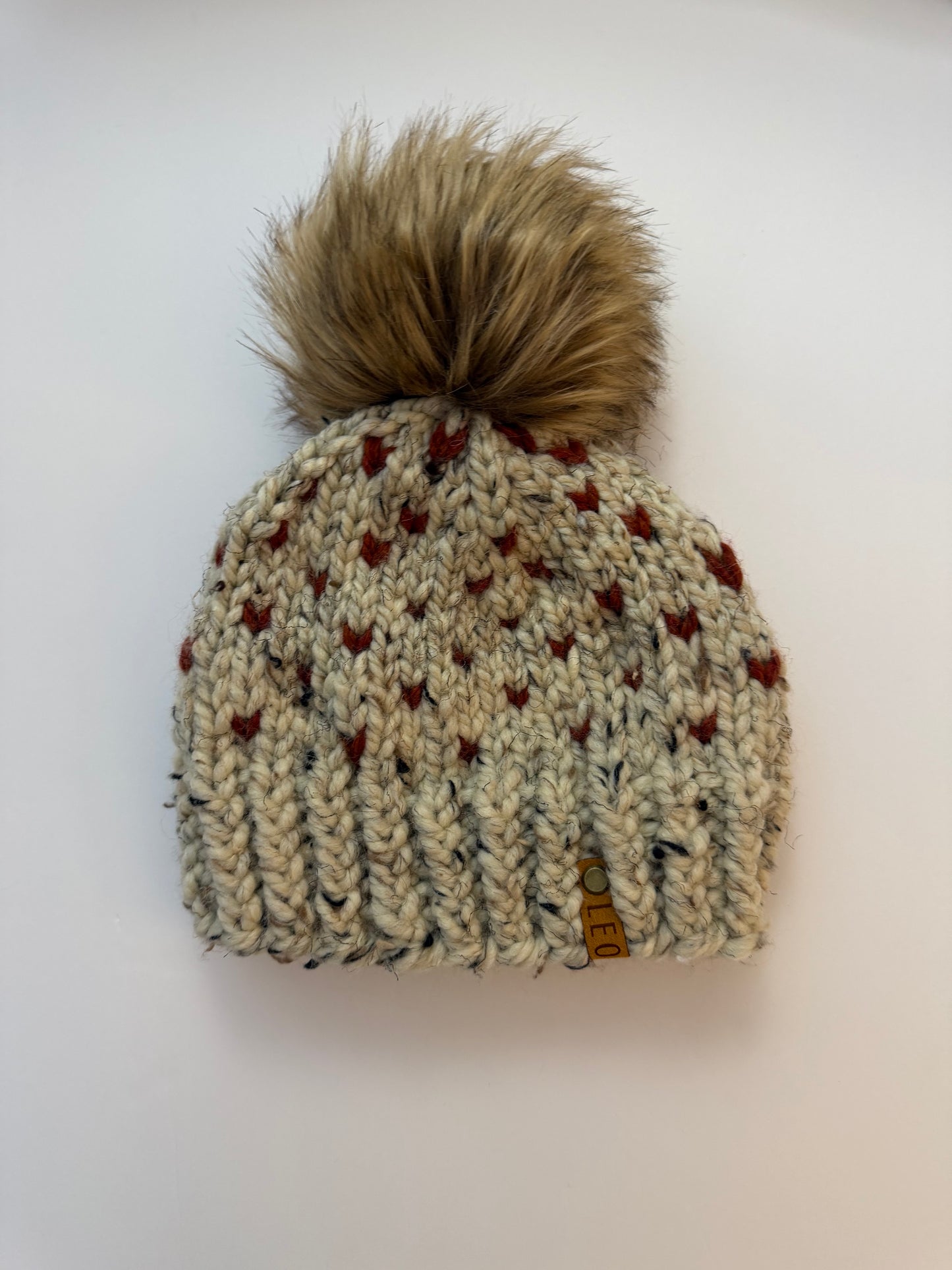 Handmade Wool Knit Hat with Faux Fur Pom | Hearts