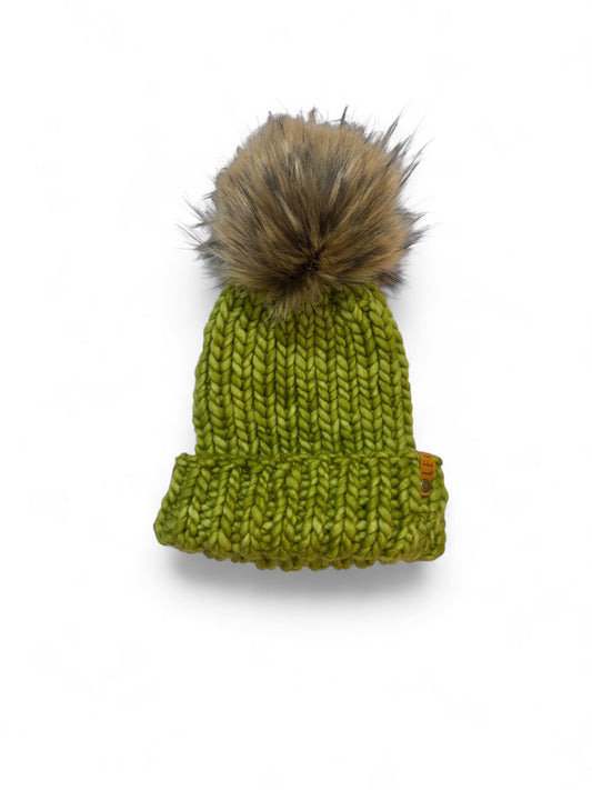 Handmade Wool Knit Hat with Faux Fur Pom | Chartreuse