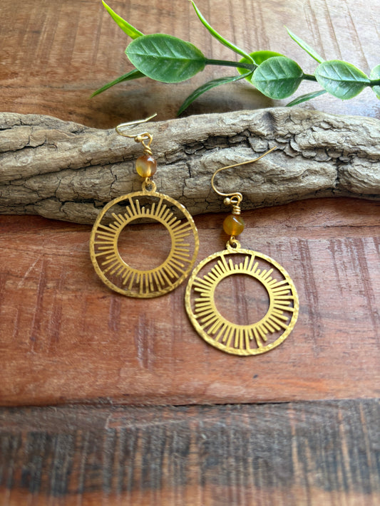 Handmade Earrings | Gold Sunburst Amber Circle Drops
