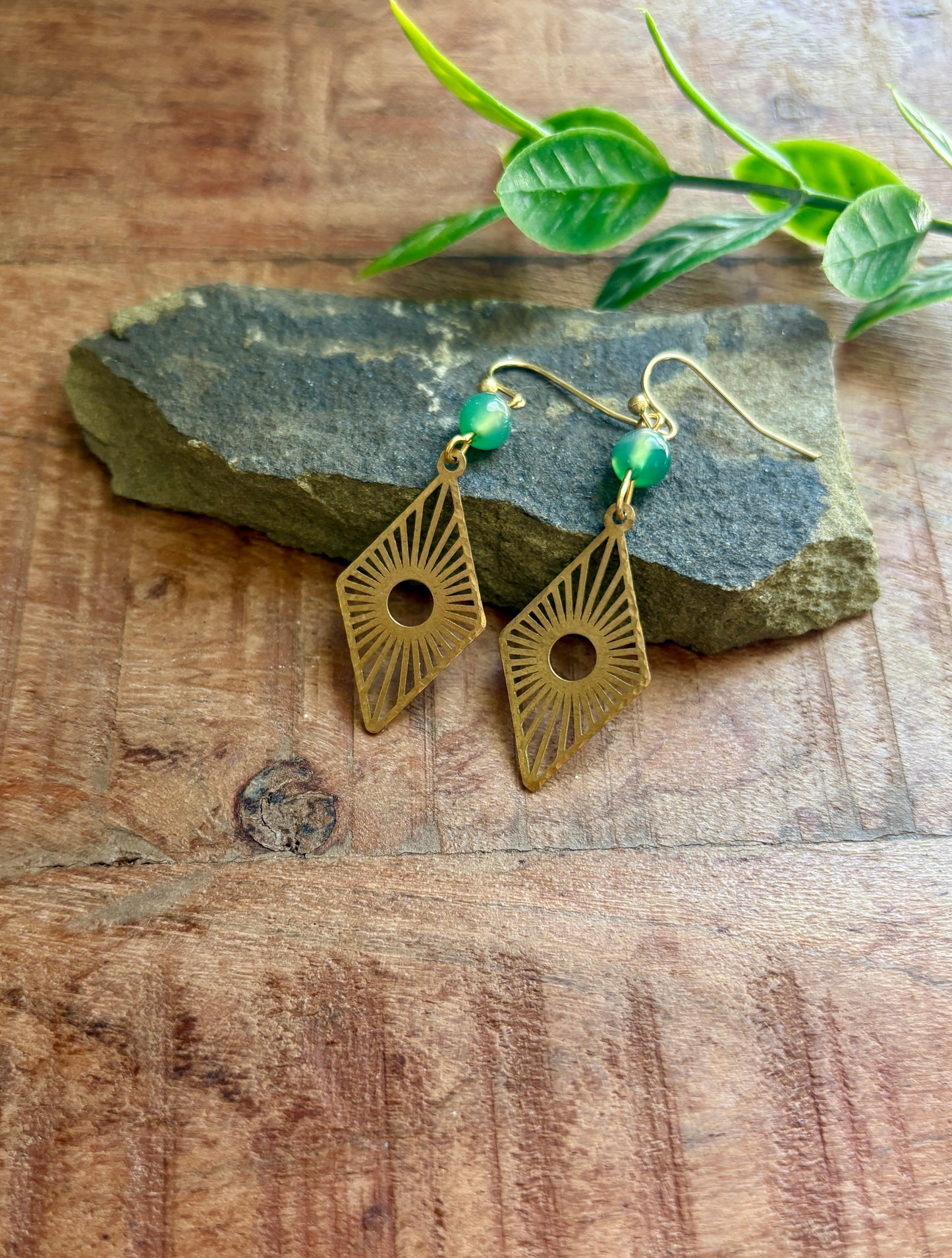 Handmade Earrings | Gold Sunburst Agate Rhombus Drops