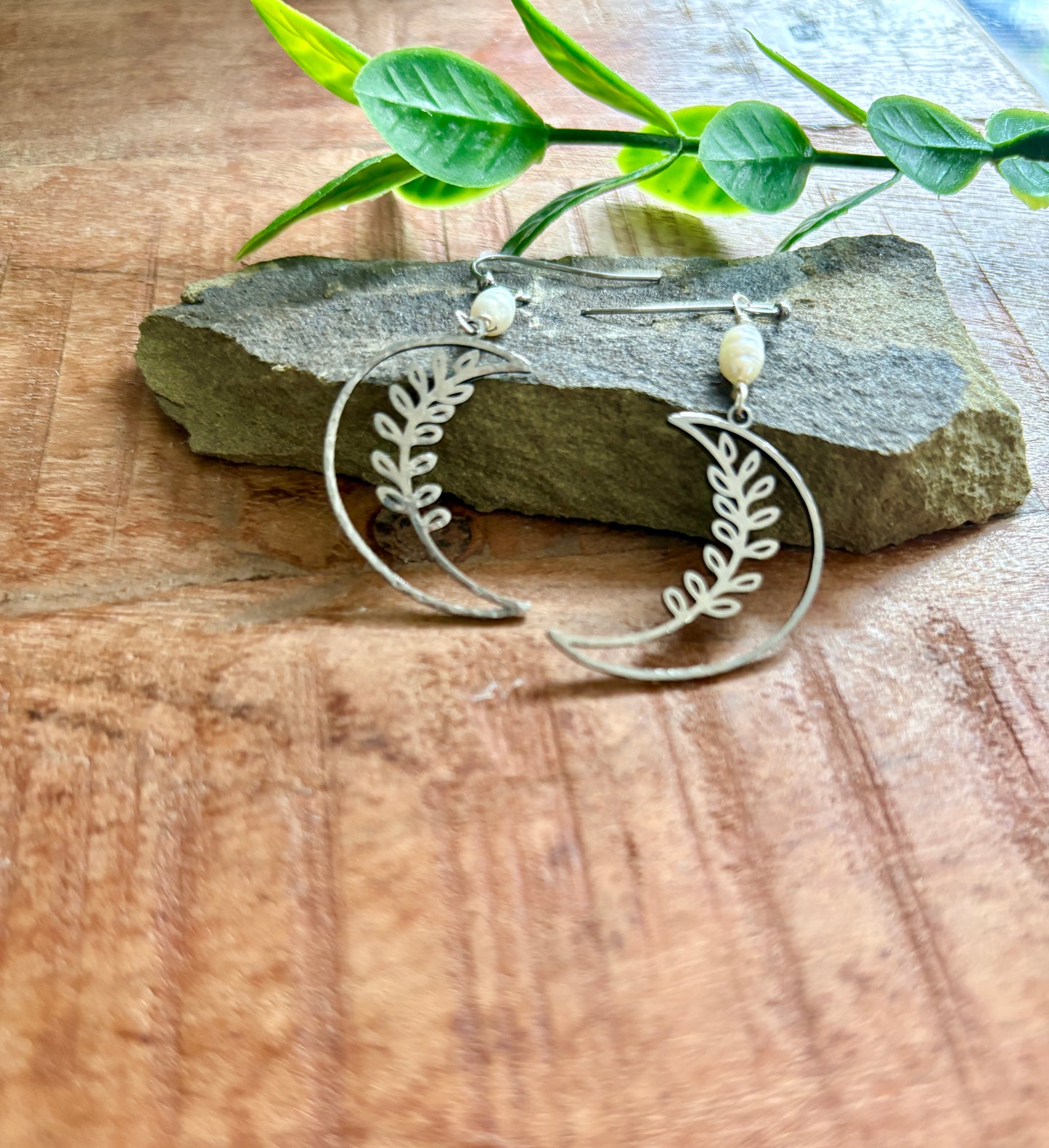 Handmade Earrings | Silver Fern Moon Pearl Drops
