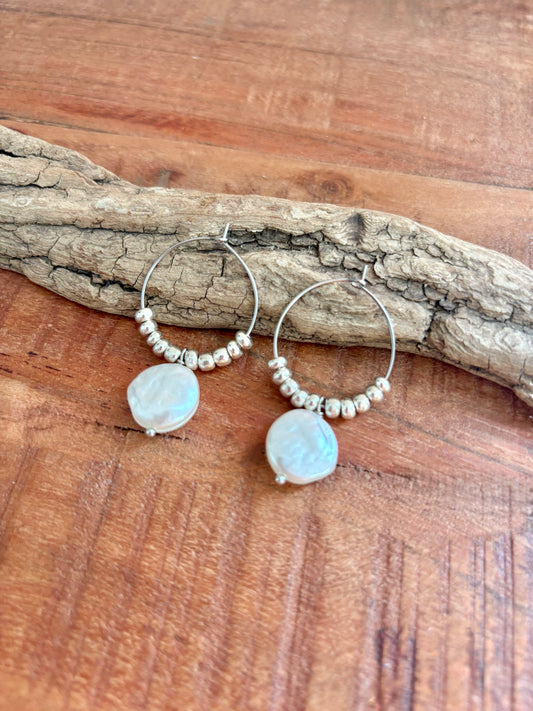Handmade Earrings | Silver Pearl Hoops