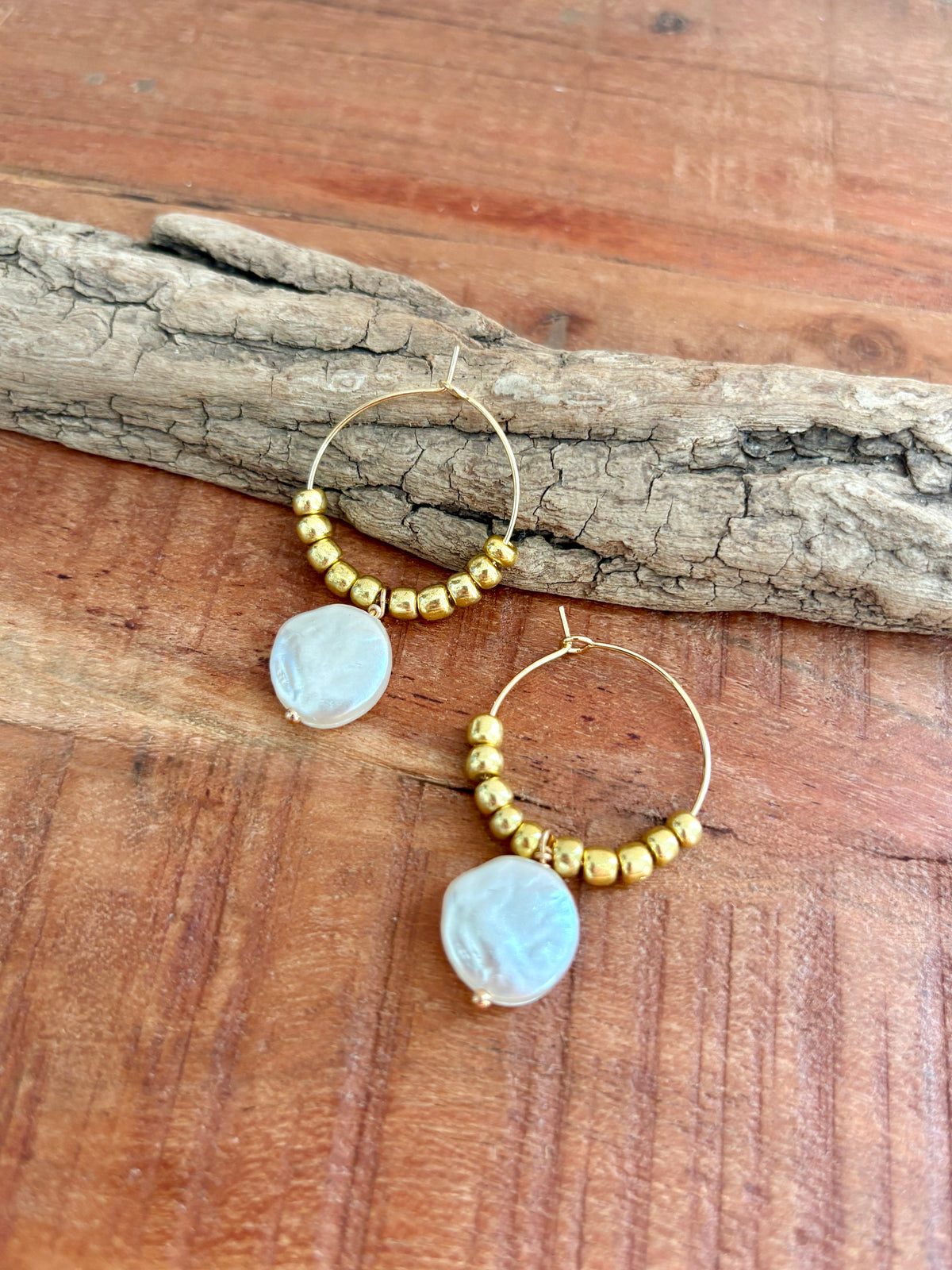 Handmade Gold +  Pearl Earrings | Beaded Hoops