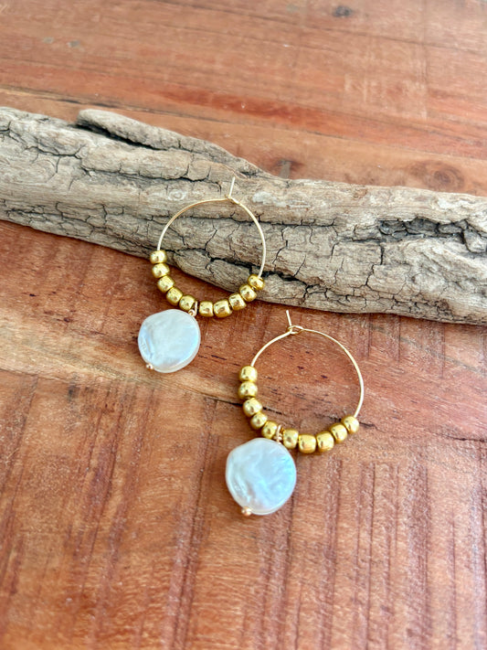 Handmade Gold +  Pearl Earrings | Beaded Hoops