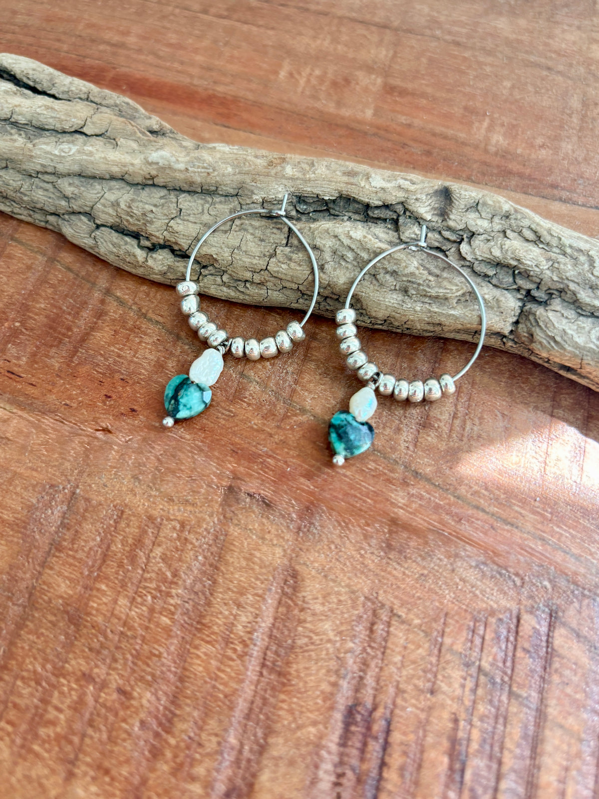 Handmade Silver Turquoise Heart Earrings | Hoops