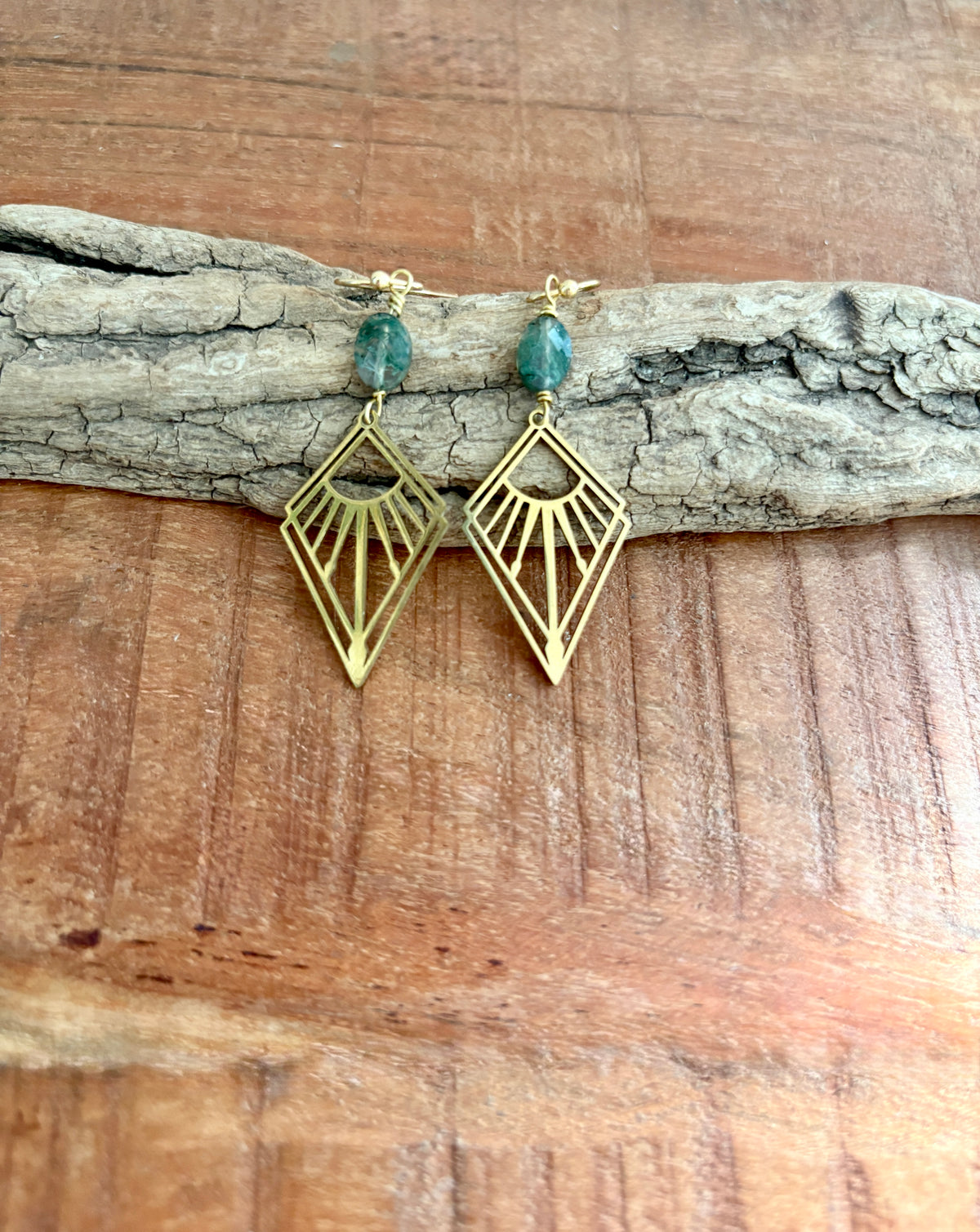 Handmade Green Moss Agate Earrings | Gold Prism Drops