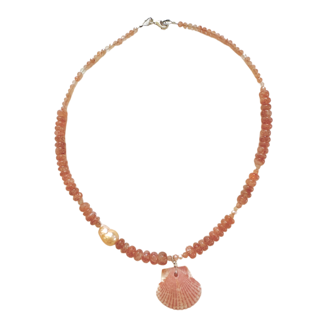 Necklace | Sunstone | Baroque Pearl | Scallop Shell