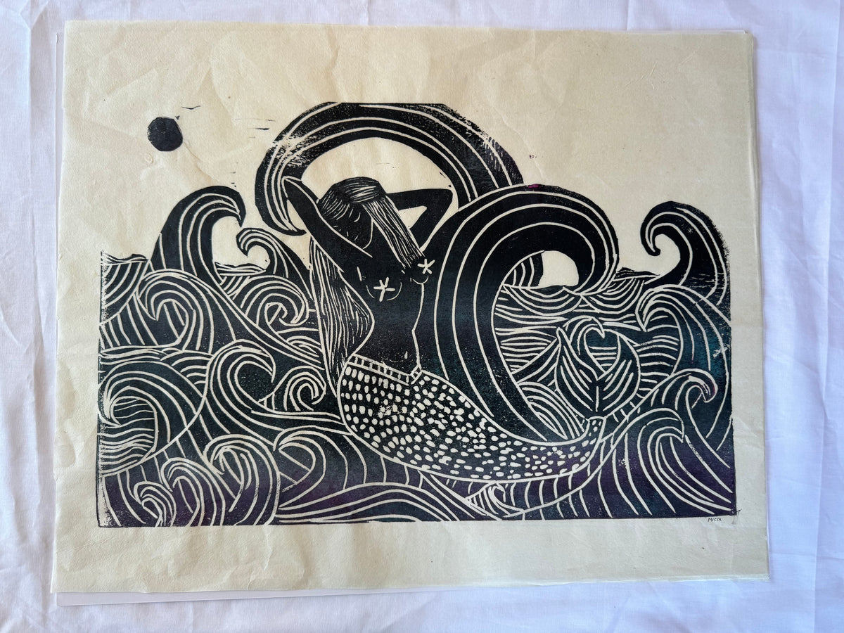 Mermaid & Waves Block Print | 16" x 20"