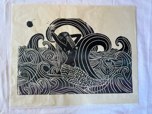 Mermaid & Waves Block Print | 16" x 20"