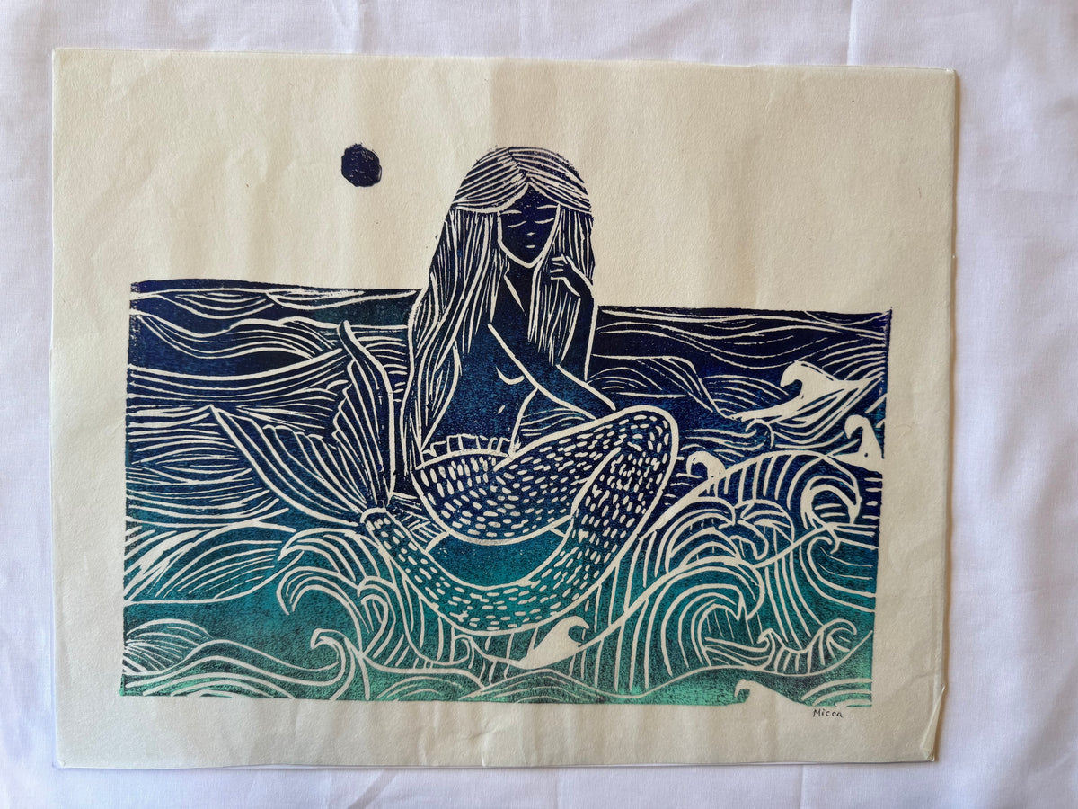 Mermaid in the Waves Block Print | 11" x 14"