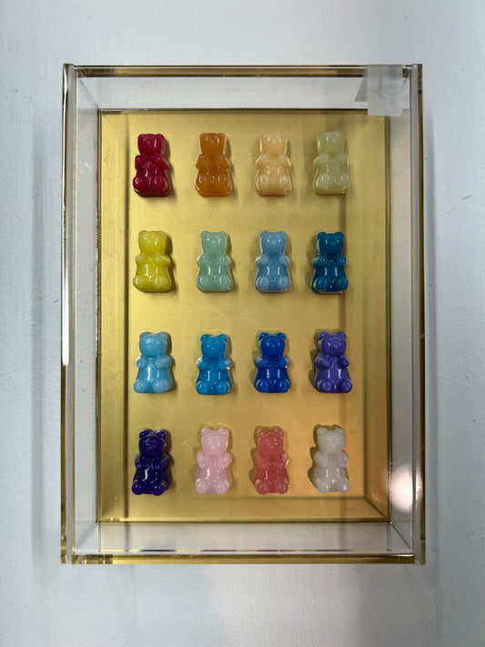 Resin and Acrylic 16 Gummy Bear Art, 5 x 7, Rainbow w/ Gold Background