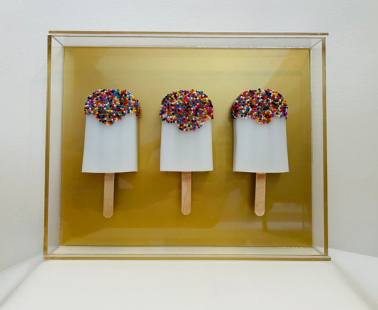 Resin and Acrylic 3 Popsicle Art, 8 x 10, White and Gold Background