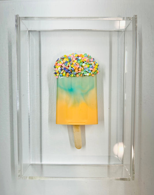 Resin and Acrylic Single Popsicle Art, 5 x 7, Orange and Green Swirl