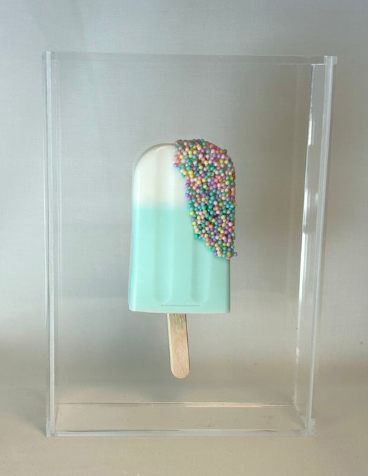 Resin and Acrylic Single Popsicle Art, 5 x 7, Teal and White