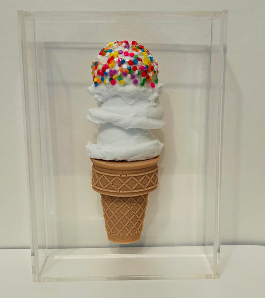 Resin and Acrylic Triple Scoop Ice Cream Cone Art, 5 x 7, White w/ Multi colored sprinkles (2)