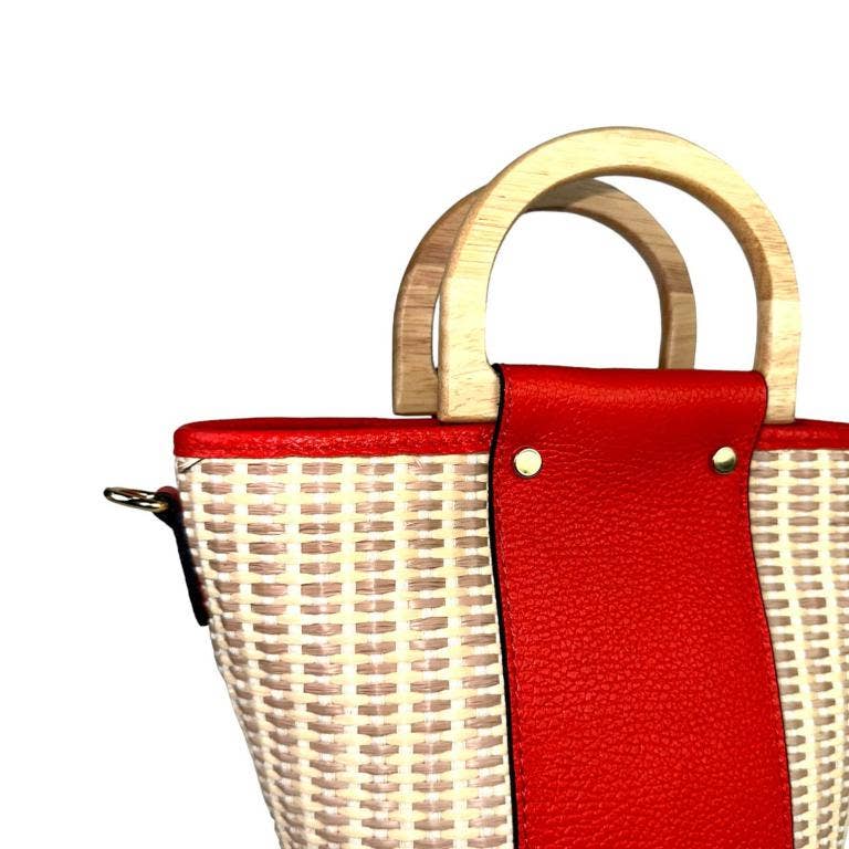 Italian Raffia and Leather Bucket Bag with Wooden Handles | Black