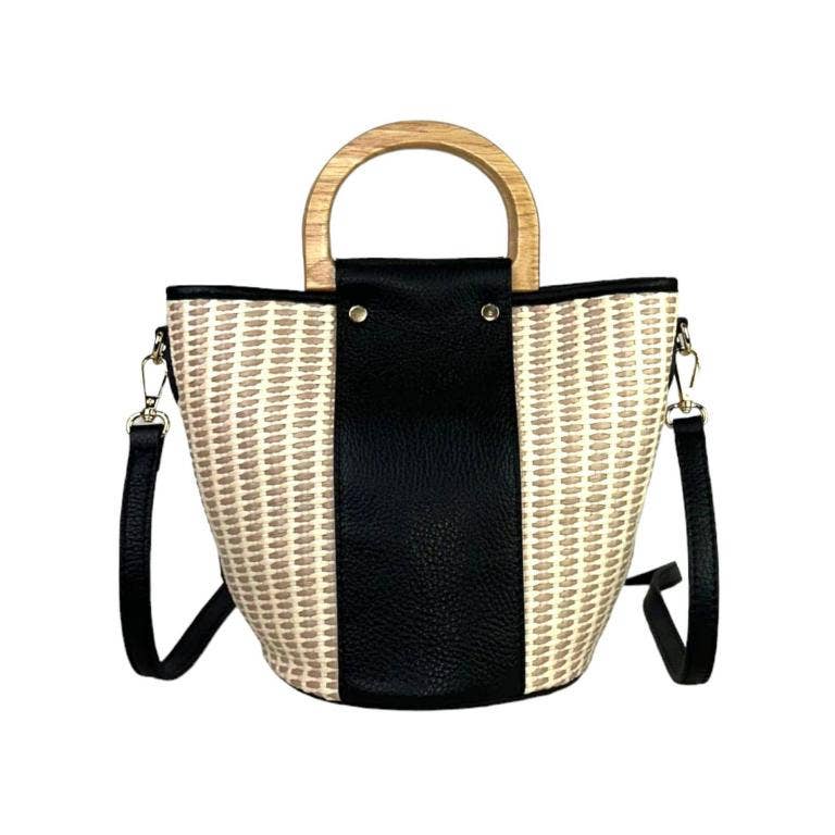Italian Raffia and Leather Bucket Bag with Wooden Handles | Black