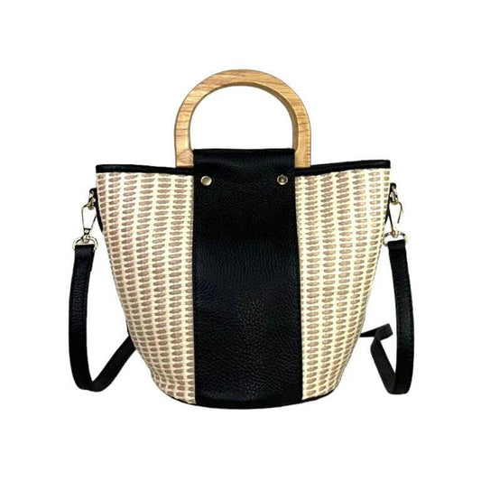 Italian Raffia and Leather Bucket Bag with Wooden Handles | Black