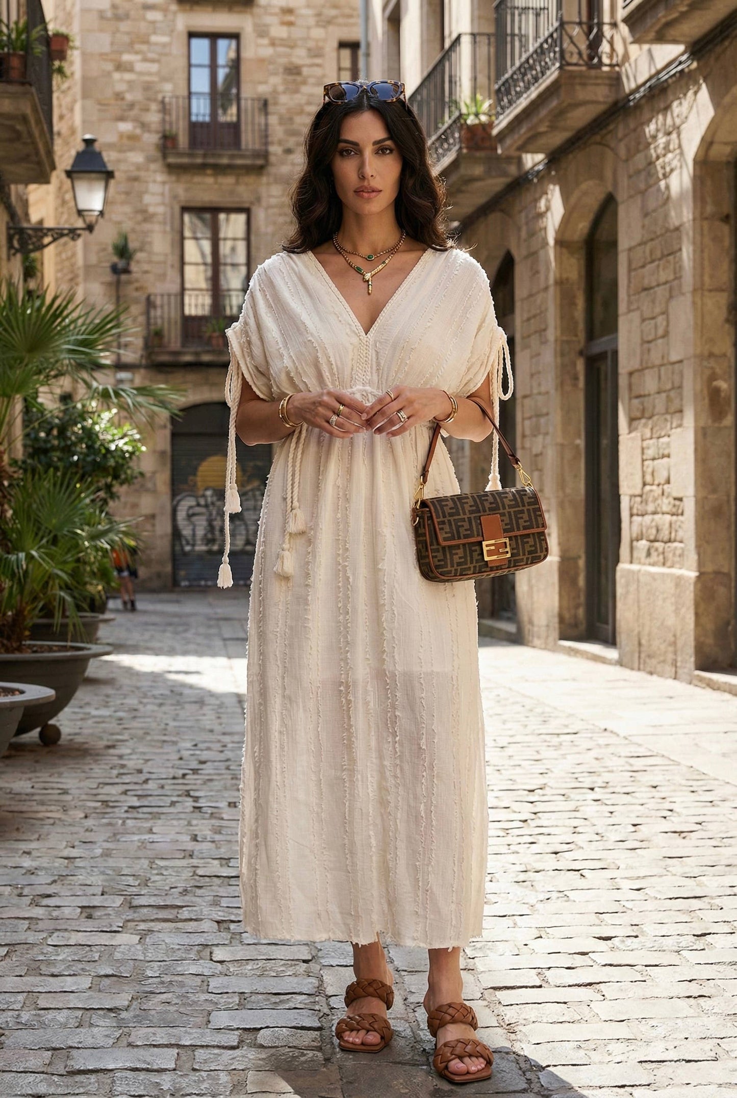 Boho Cotton Maxi Dress with Frayed Details + Pockets