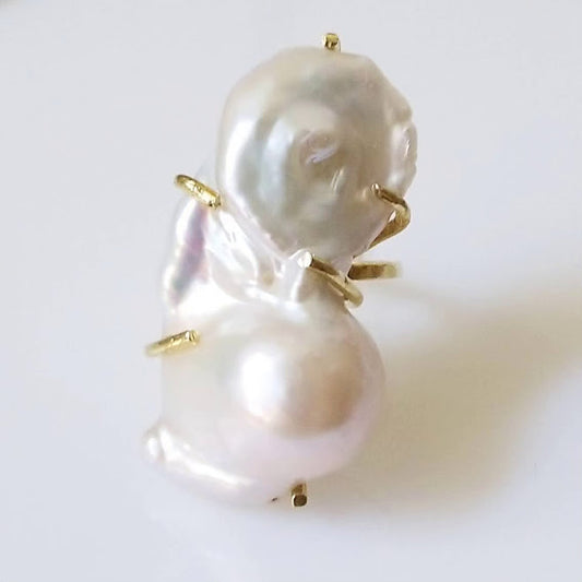 Baroque Pearl + Brass Adjustable Ring